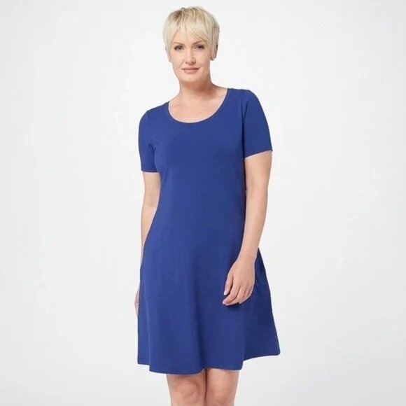Isaac Mizrahi Live Short Sleeve Swing Dress Women L Royal Navy Cotton Blend NEW - Picture 1 of 6